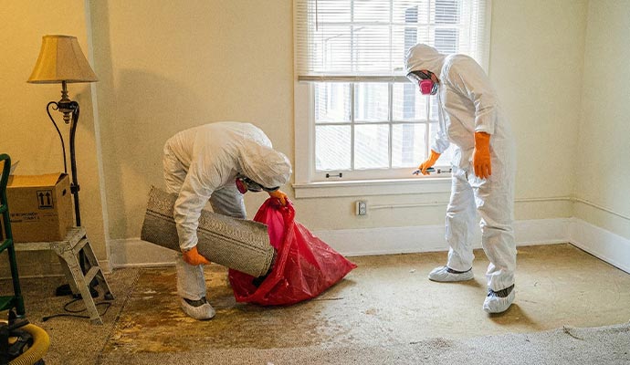Technicians removing contaminated carpet during biohazard cleanup