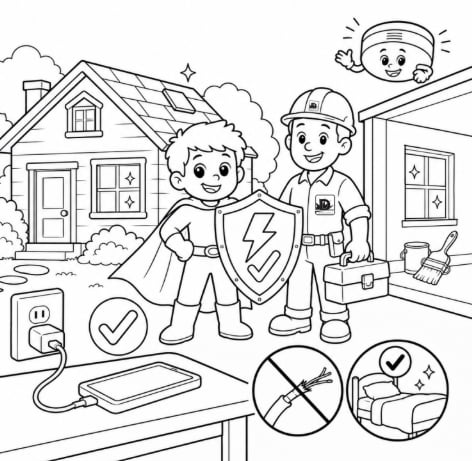Preview of the fire safety coloring page art with a young superhero and a Dayspring restoration pro