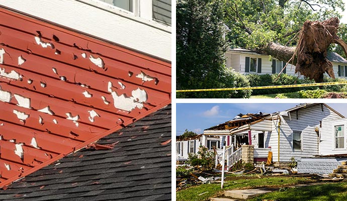 Collage ofhail damage on siding, a fallen tree on a roof, and tornado damage to a home