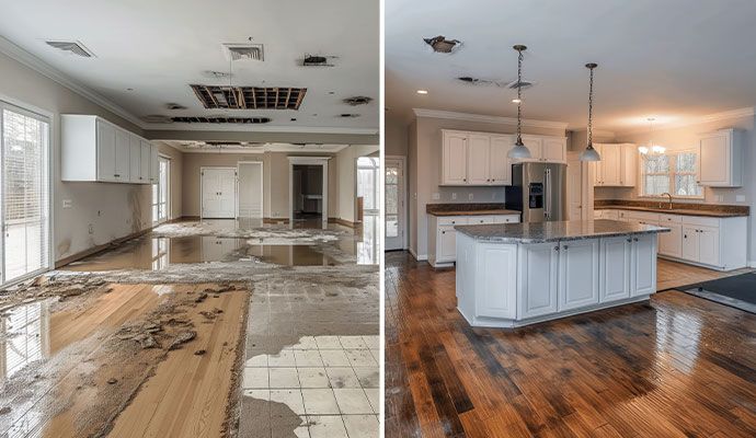 Collage of before and after water damage restoration service in a kitchen