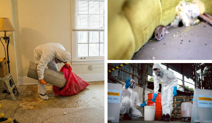 Collage showing biohazard cleanup, rodent infestation, and chemical spill clean up service
