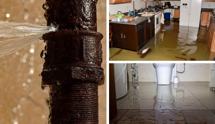 Collage of burst pipe, flooded kitchen, and water overflow in the toilet