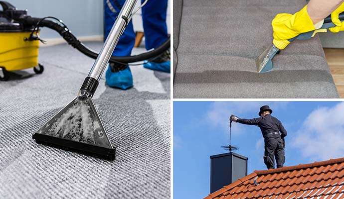 Collage of carpet, upholstery and chimney cleaning services