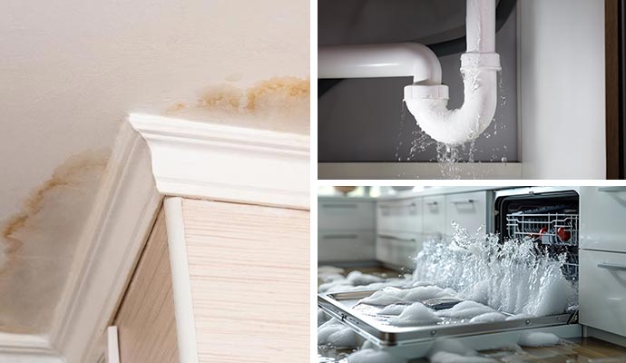 Collage of ceiling pipe dishwasher leaks