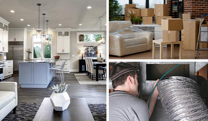 Collage of clean kitchen area, packed contents and duct system smoke removal
