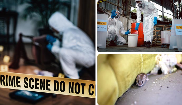 Collage of crime scene, chemical spill cleanup and small rodent in hoarding
            