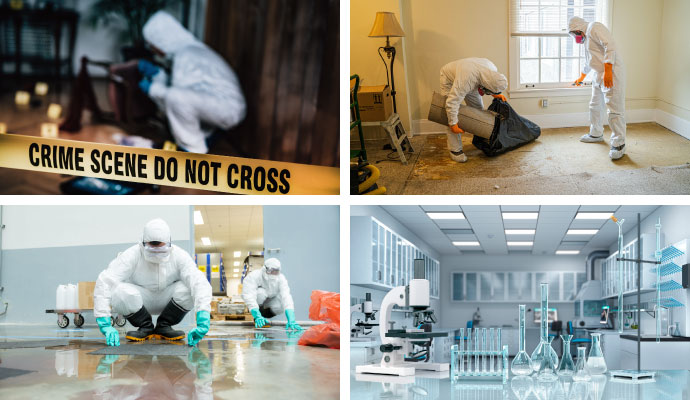 Collage of crime, trauma scene, animal waste, and drug lab cleanup