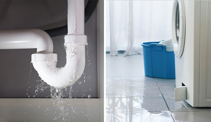 Collage of damaged pipe leaking water and water leaking from washing machine