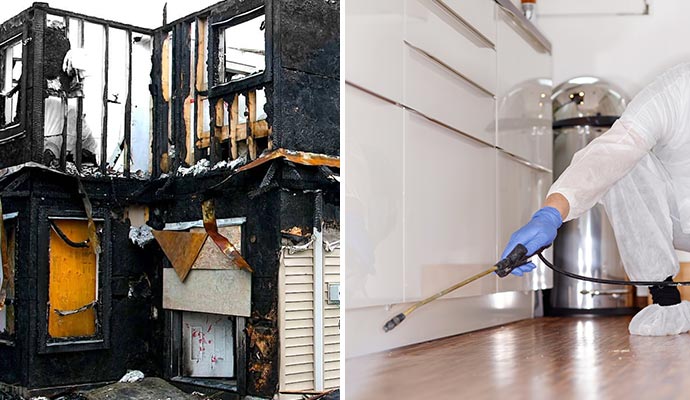 Collage of fire damaged house and disinfecting service
