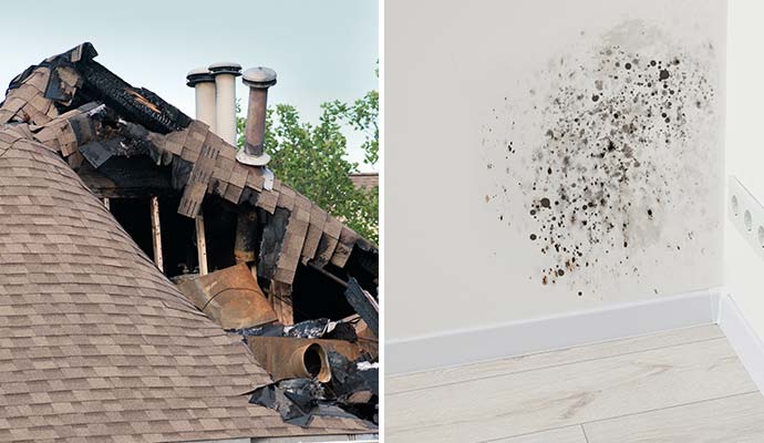 Collage of fire damaged house and mold damaged wall