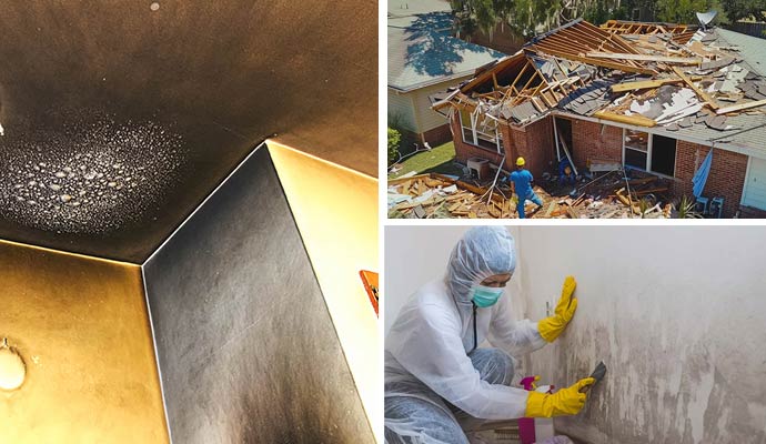 Collage of fire damaged wall, storm damage restoration and mold remediation