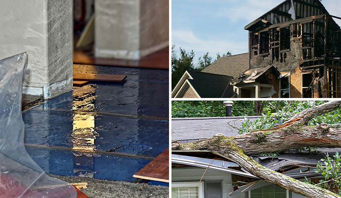 Collage of flooded basement floor, burned house and storm damaged home