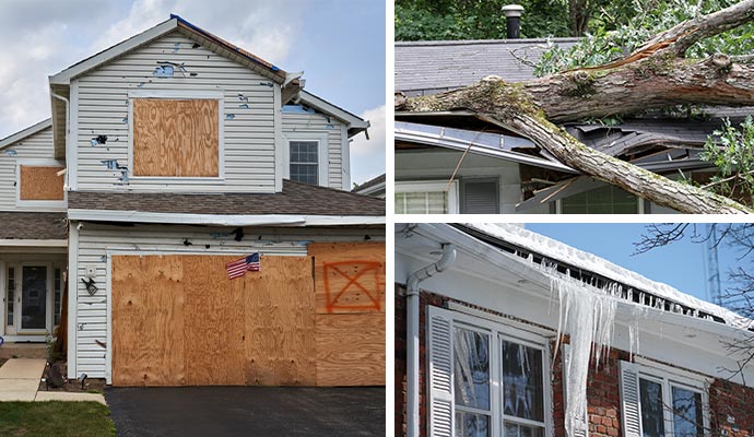 Collage of hail, roof and ice damaged properties