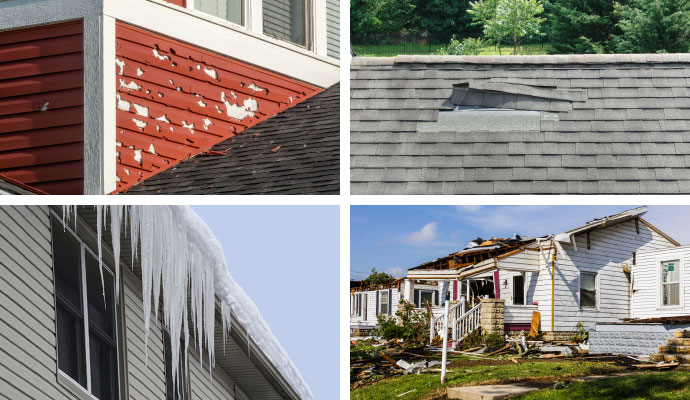 Collage of hail, roof, snow amd tornado damaged property