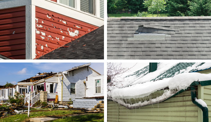Collage of hail, tornado, roof, and snow damaged property