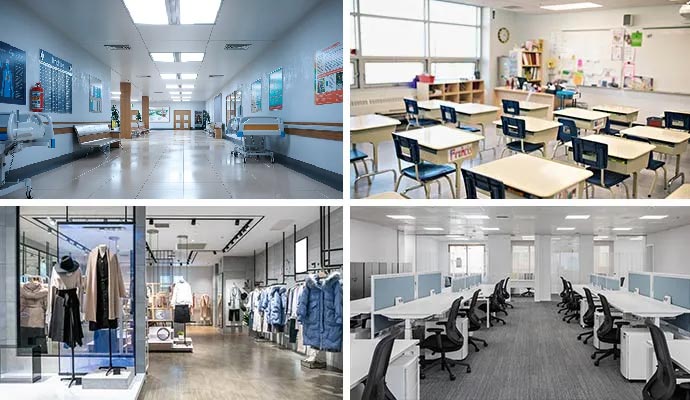 Collage of healthcare facility, classroom, retail and office interior