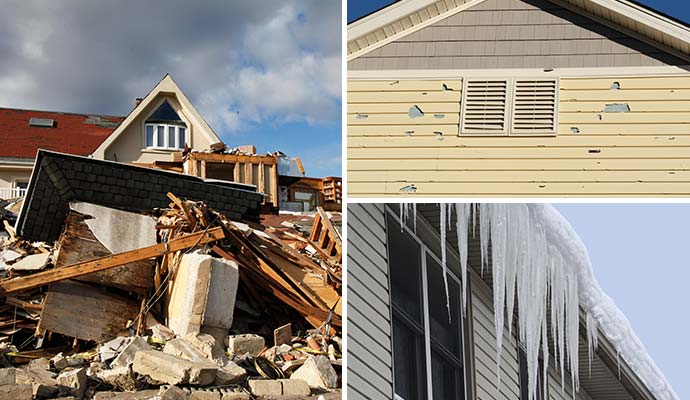 Collage of hurricane and hail damaged house and heavy snow on roof