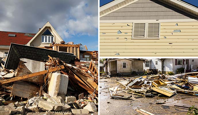 Collage of hurricane, hail and storm damaged properties