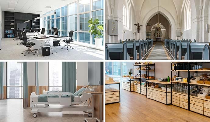 Collage of a modern office, a church interior, a hospital room, and a retail store setup