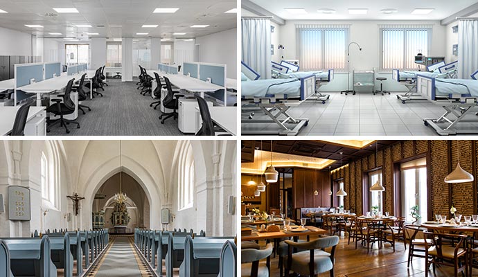 Collage of office, hospital, church, restaurant restoration services