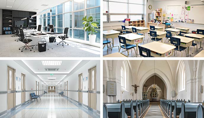 Collage of office room, hospital, school, and church
