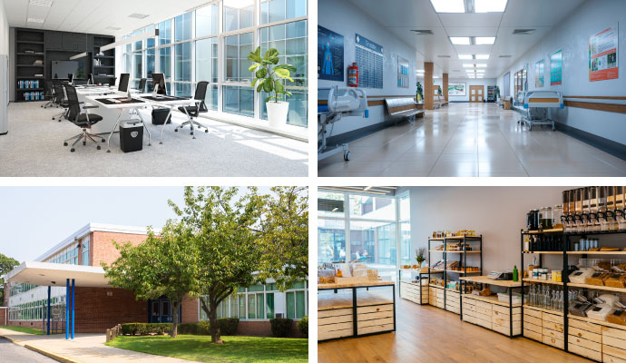 Collage of office room, school, hospital, and retail store