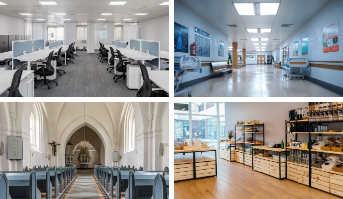 Collage showing an office space, healthcare facility, church interior, and retail store