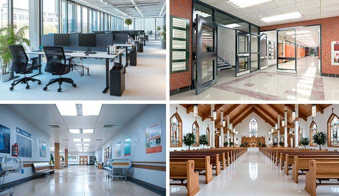 Collage of offices, schools, healthcare, and places of worship