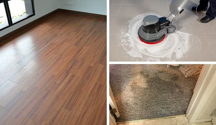 Collage of restored hardwood floor, tile cleaning and wet carpet