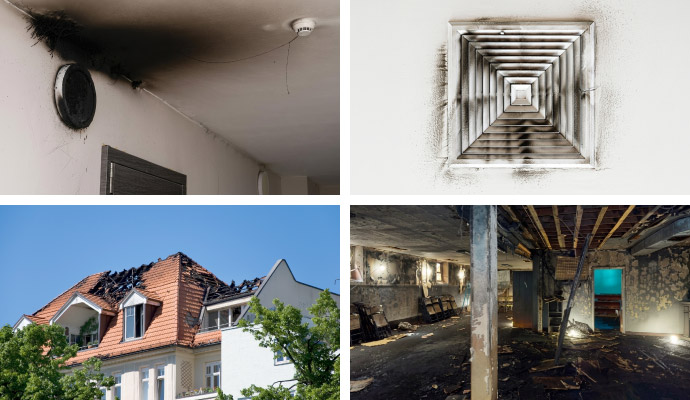 Collage of soot on ceiling, smoke-damaged air vent, burned roof, and structural fire damage