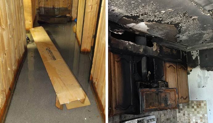 Collage of water and fire damage restoration