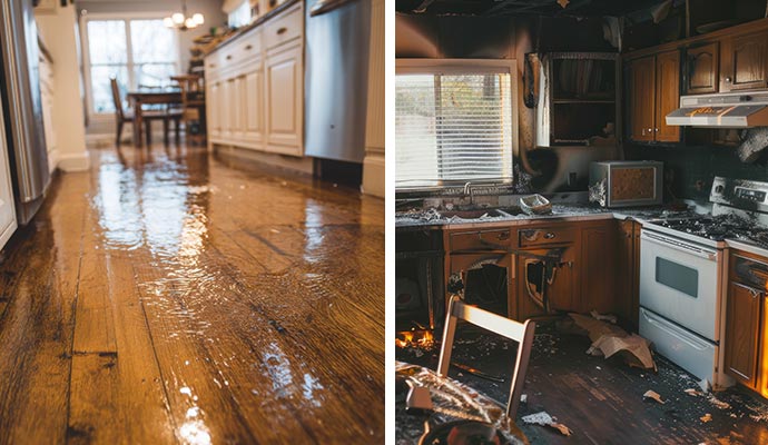 Collage of water and fire damaged kitchens