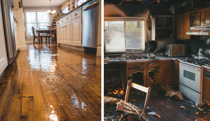 Collage of water damaged floor and fire damaged room