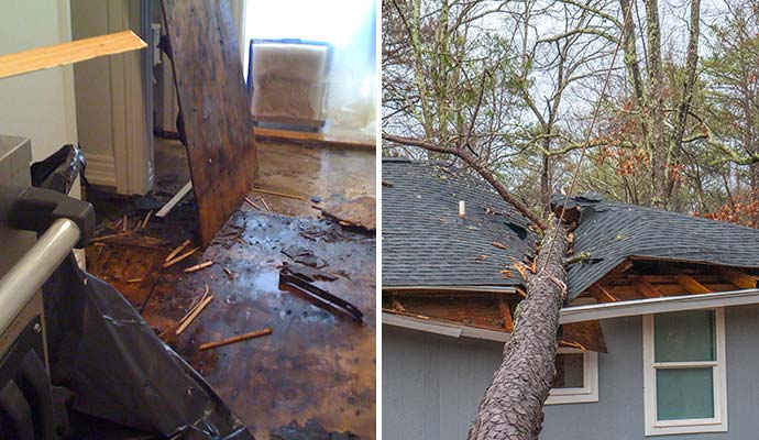 Collage of water damaged floor and storm damaged house