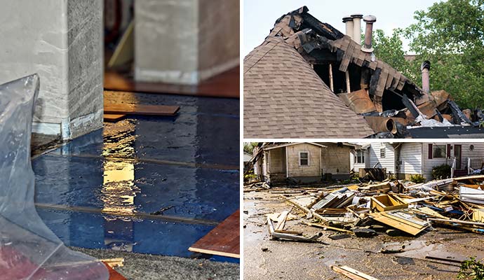Collage of water damaged floor, fire damaged roof and storm damaged property