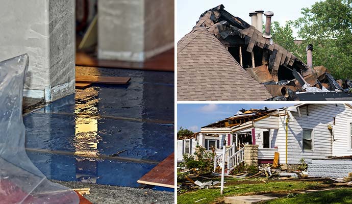 Collage of water, fire, and storm damage property