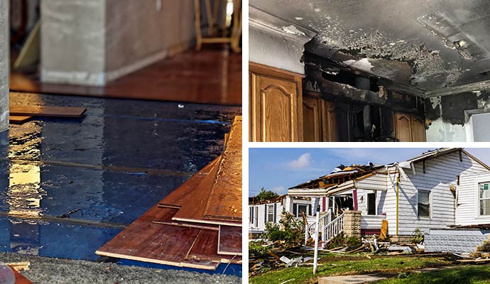 Collage of water, fire, and storm damage