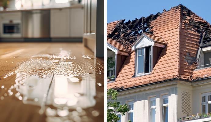 Collage of water leak and fire damaged house