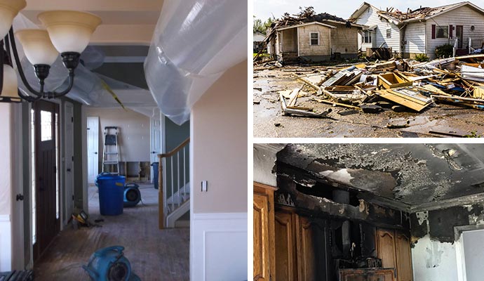 Collage of water damage restoration, disaster damaged house, fire damaged room