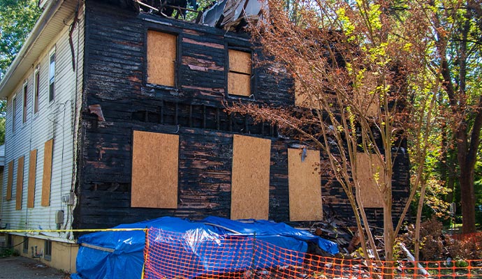 Boarded up service for fire damaged house