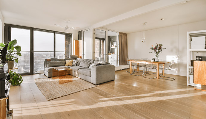 Open-concept living room that can absorb persistent smoke odors