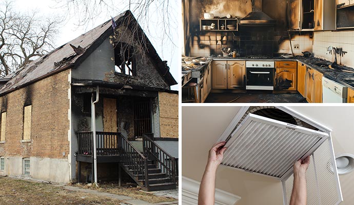 Collage of fire damaged house, kitchen and duct cleaning service