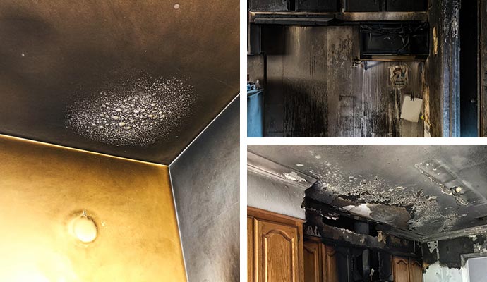 Collage of smoke stains on a ceiling, heavy soot on kitchen walls, and fire-damaged drywall