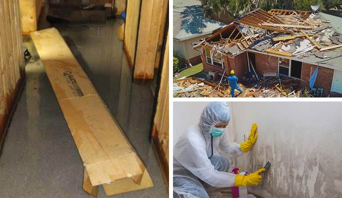 Collage of water damaged floor, storm damage restoration and mold remediation service