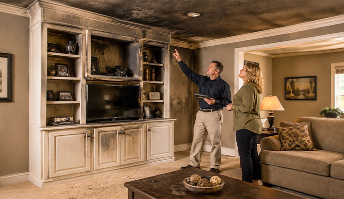 Fire and smoke damage inspection and documentation in living room