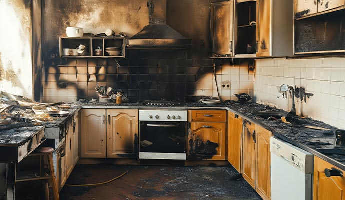 Fire damaged kitchen space