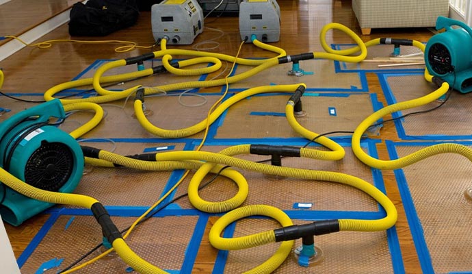 Water damaged restoration service using equipment