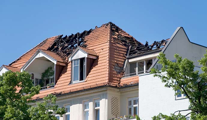 Fire damaged roof of a house