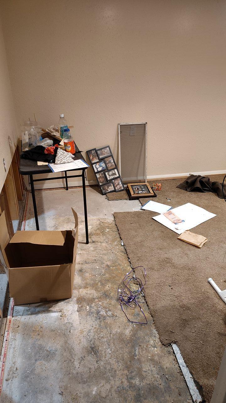 A basement living room showing signs of sewage damage, with a portion of the carpet removed revealing a soiled concrete subfloor, along with scattered personal items and a small table.