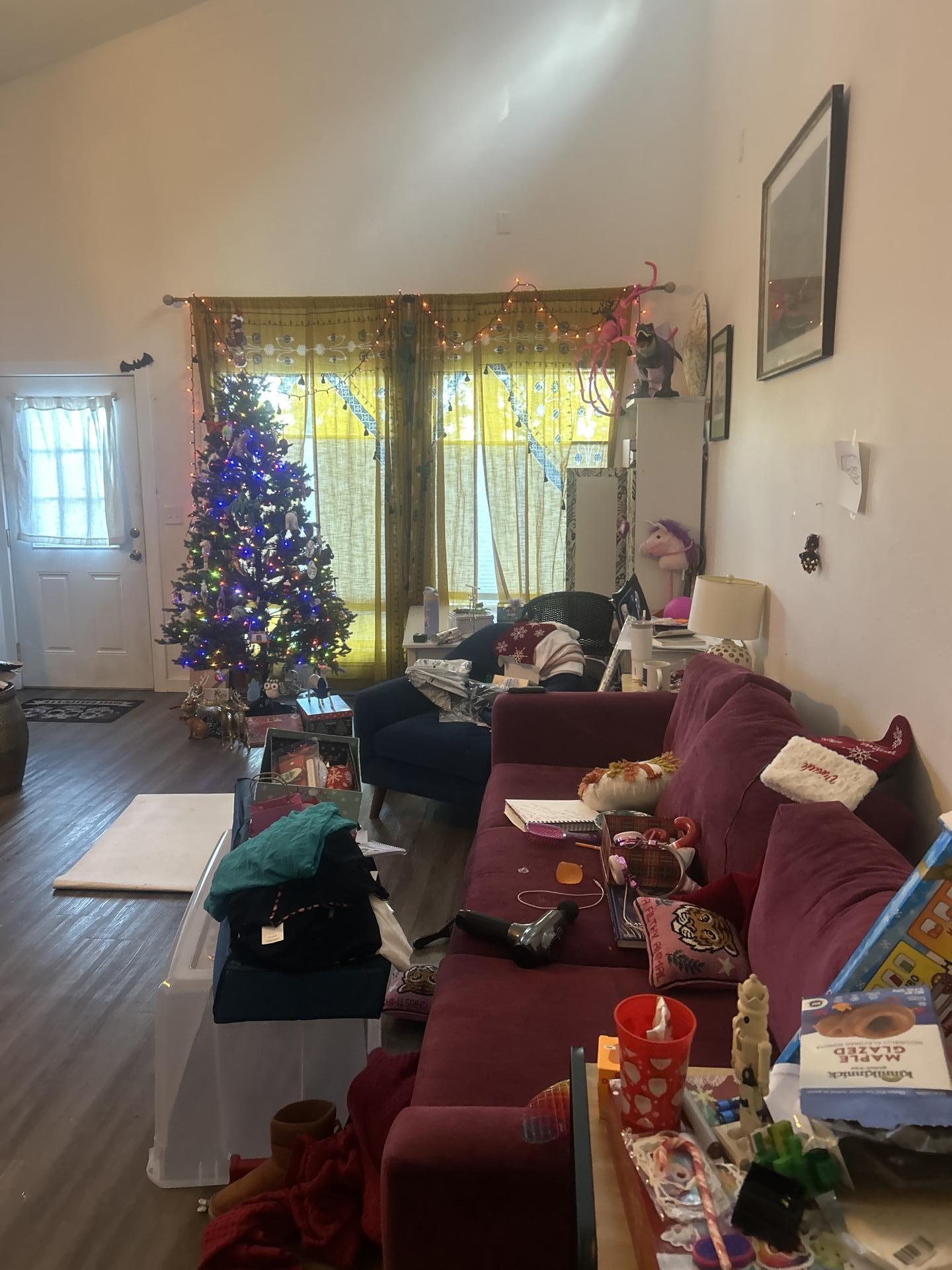 A living room with a Christmas tree, indicating the affected area for water damage restoration.